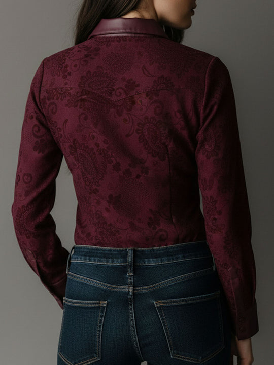 Western Charm Burgundy Paisley Embossed Blouse
