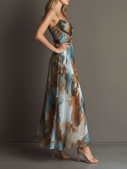 Boho Watercolor Print Chiffon Spaghetti Strap Maxi Dress