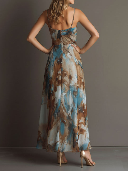 Boho Watercolor Print Chiffon Spaghetti Strap Maxi Dress