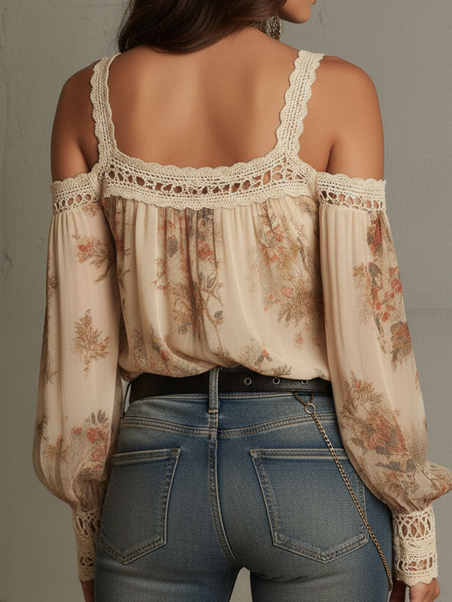 Vintage Boho Cream Floral Off-Shoulder Lace Blouse
