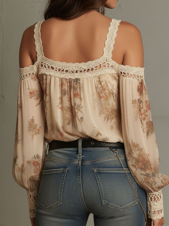 Vintage Boho Cream Floral Off-Shoulder Lace Blouse