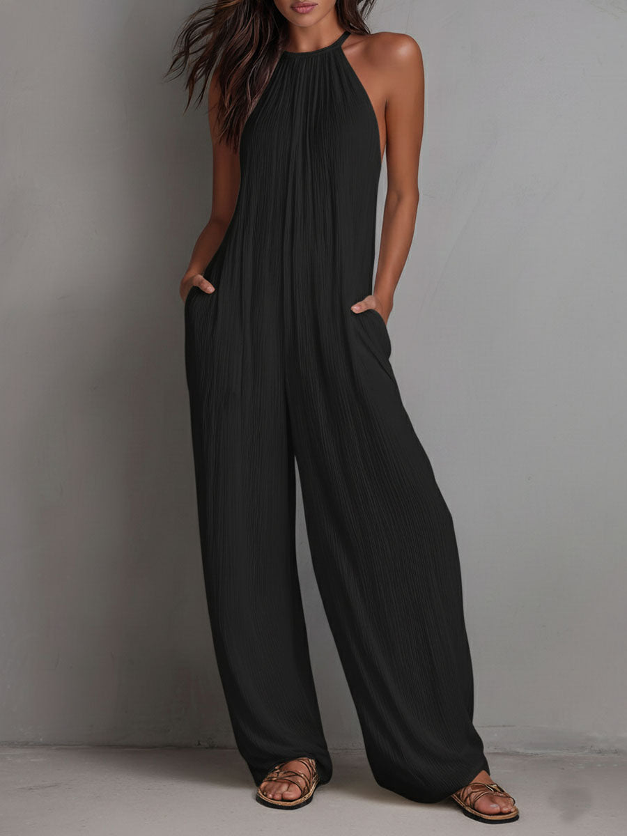 Resort White Pleated Halter Wide-Leg One-Piece Jumpsuit