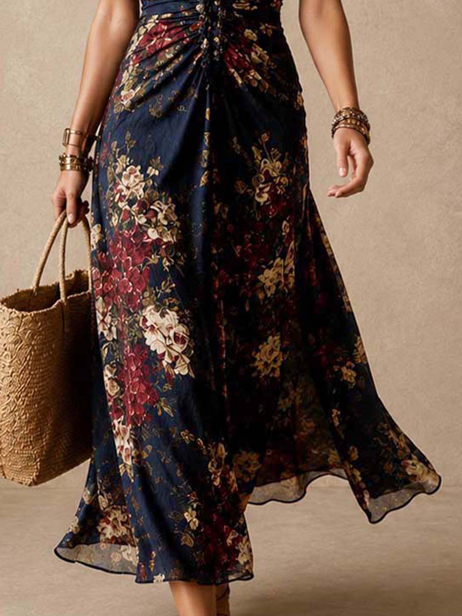Dark Blue Vintage Floral Halter Neck Ruched Maxi Dress