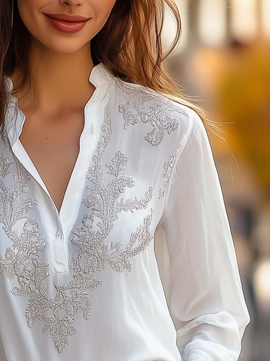 White Embroidered Long Sleeves Chiffon Blouse