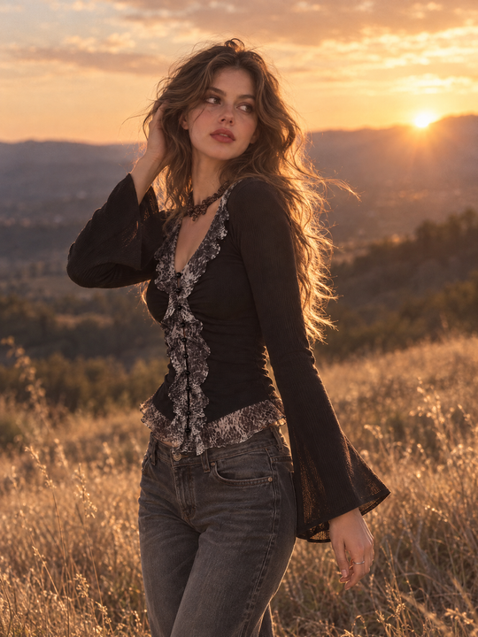 Vintage Black Animal Print Ruffle-Trim Top