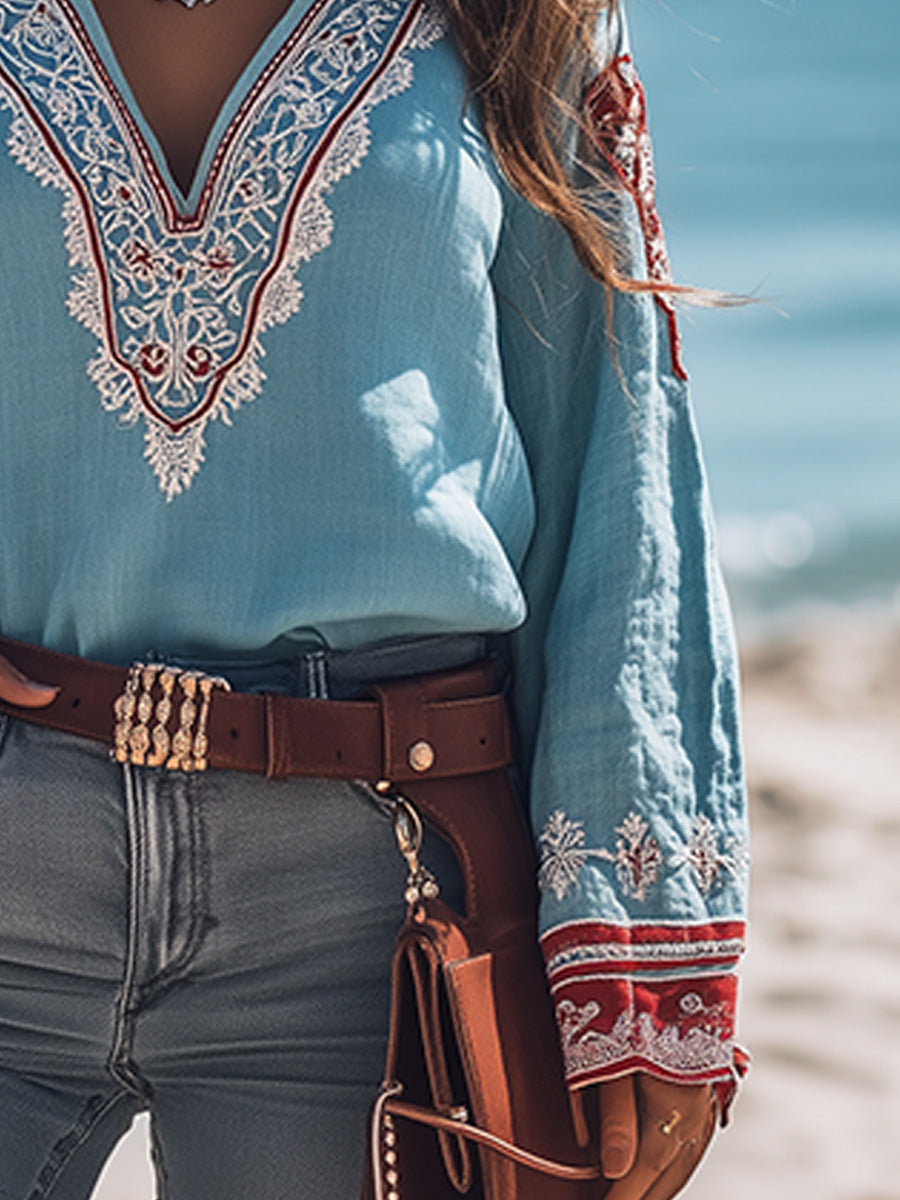 Bohemian Blue Embroidered V-Neck Linen Shirt