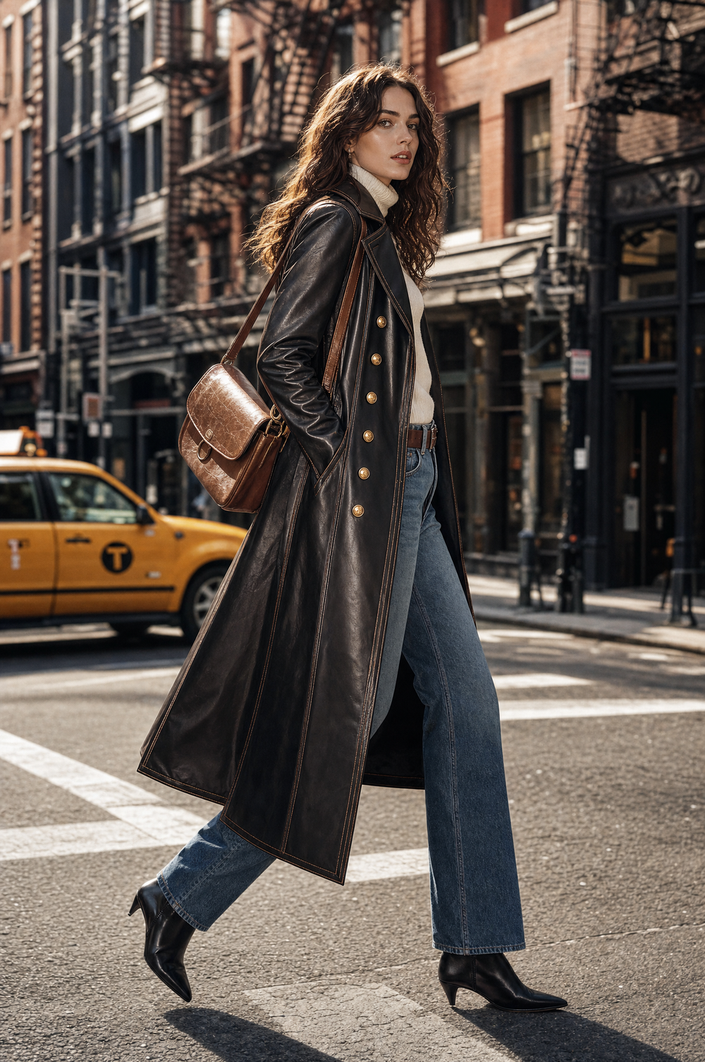 Vintage-style Lapel Collar Double-breasted Eco-leather Coat With Topstitching