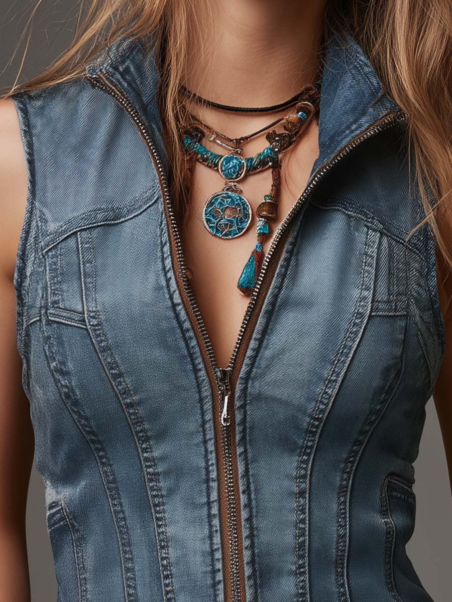 Bohemian Fitted Zip-Front Denim Vest