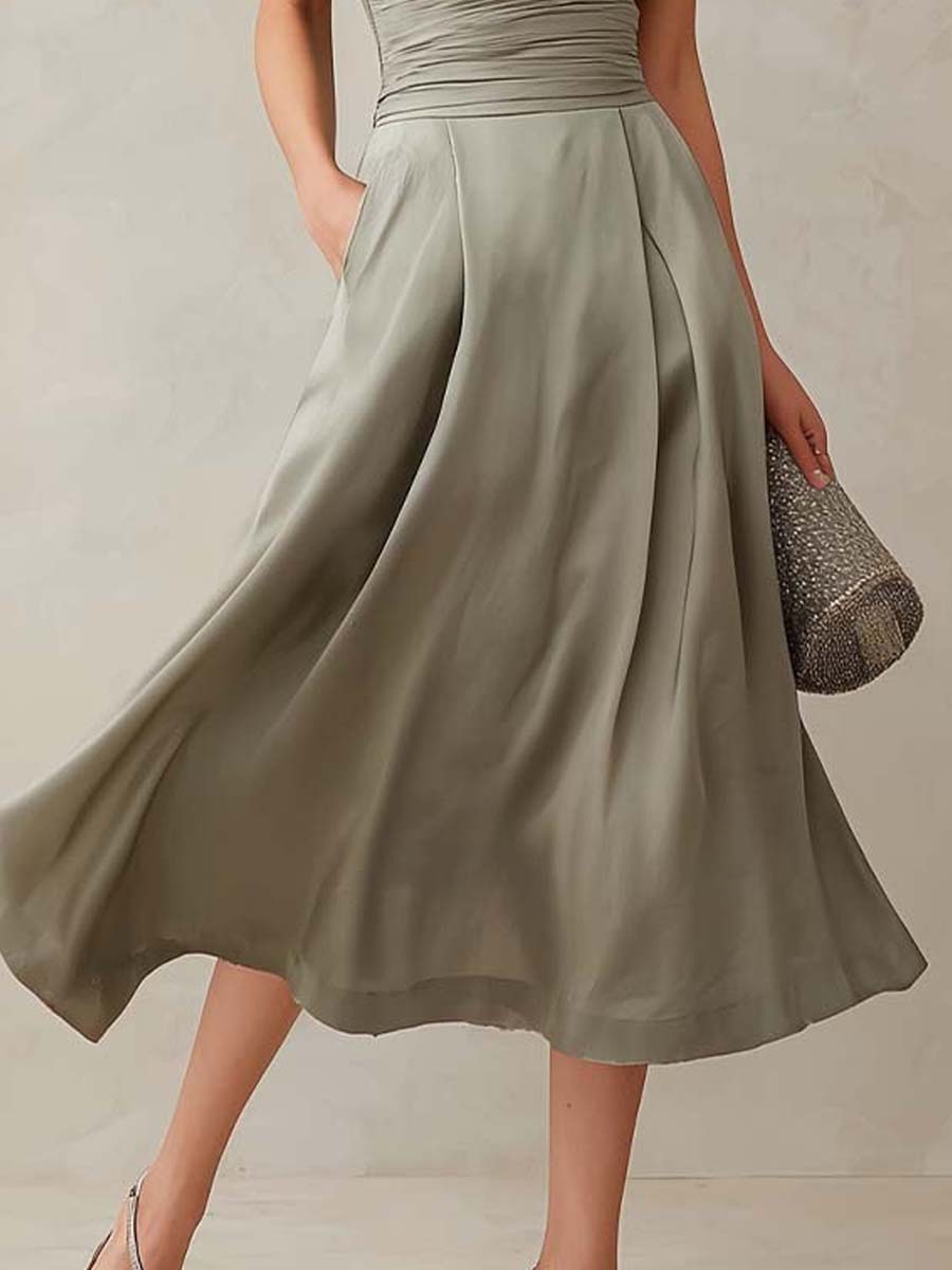 Elegant Retro Ruched-Waist A-Line Midi Dress