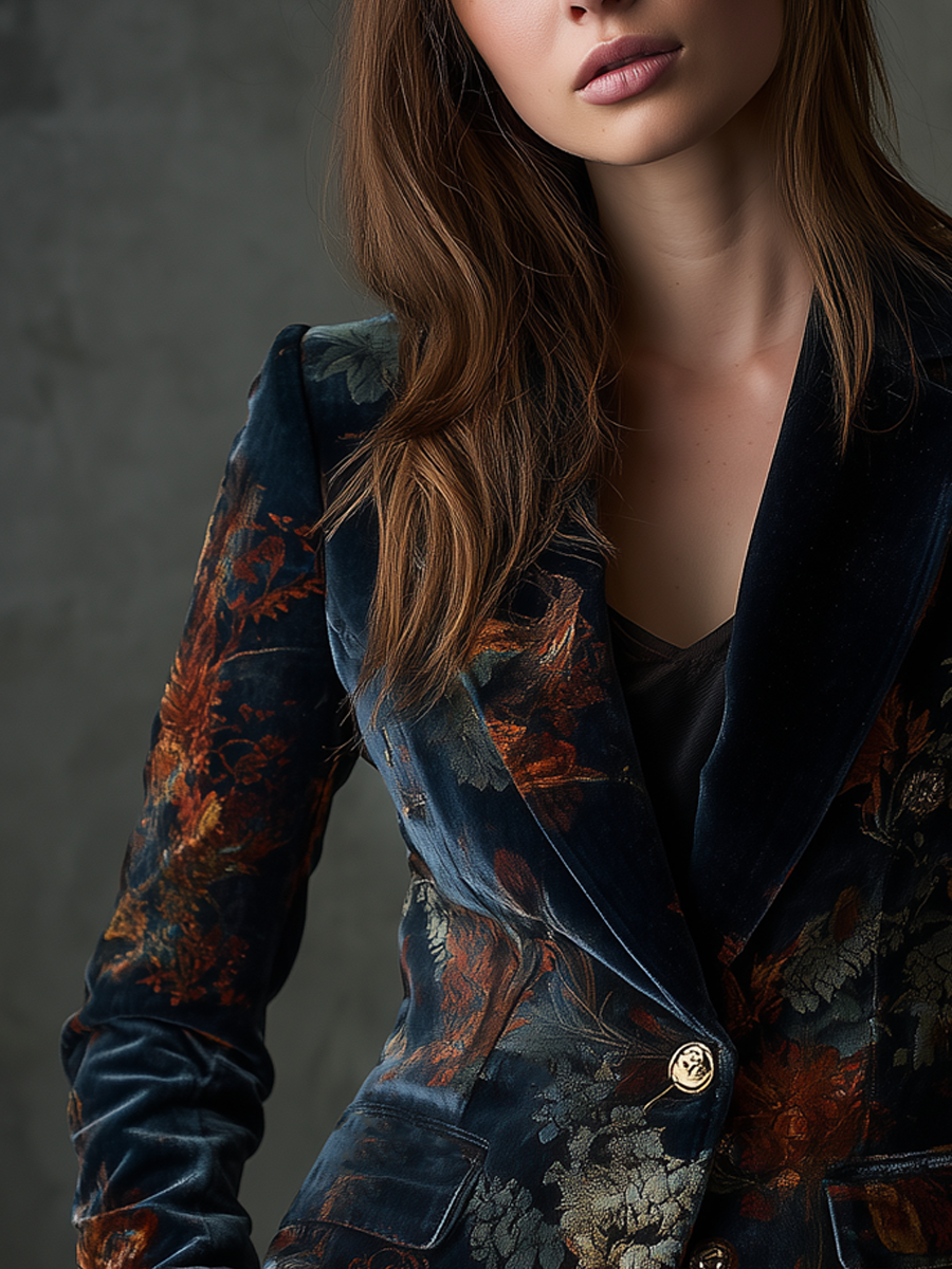 Vintage Floral Print Metal Button Polyester Velvet Blazer
