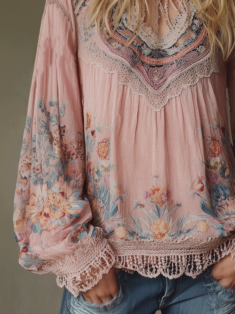 Boho Blush Pink Floral Lace Peasant Blouse