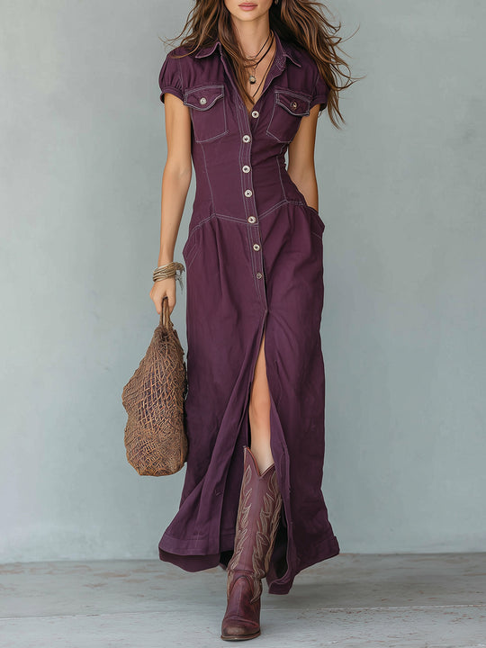 Boho Washed Denim Patch Pocket Maxi Dress