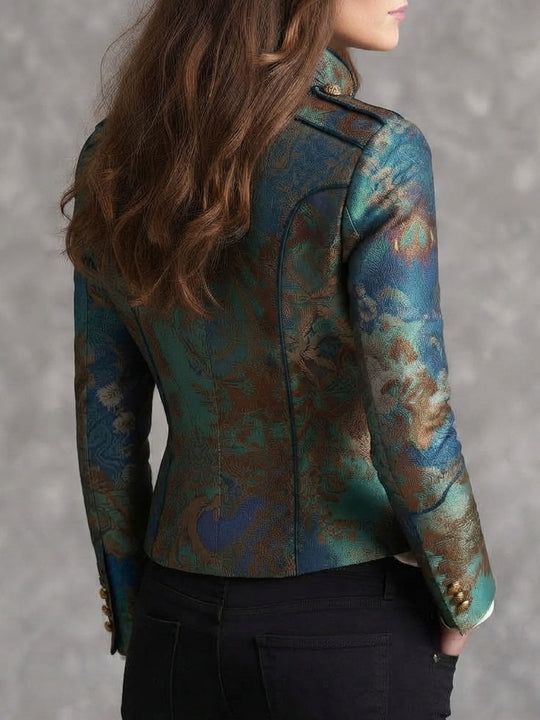 Victorian Baroque Pattern Buttons Epaulet Fitted Short Cropped Jacket