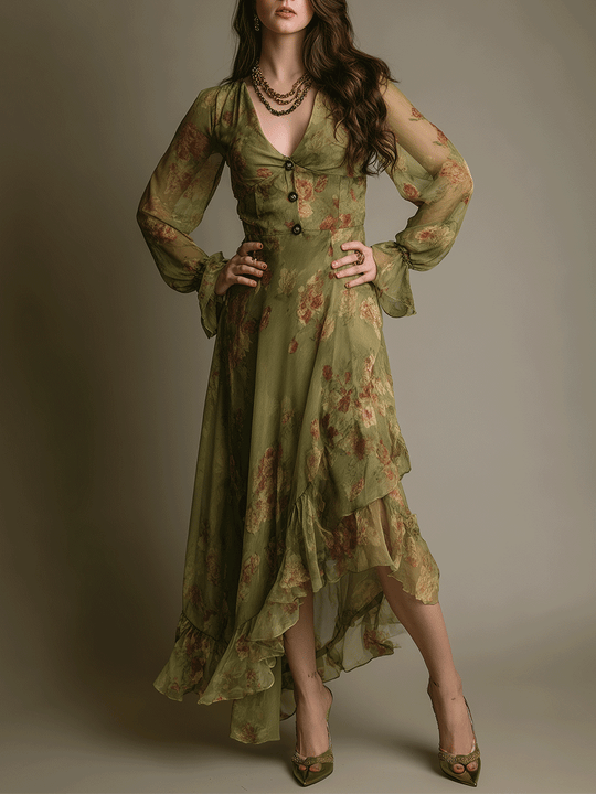 Vintage Romantic Boho Green Ruffle Hem  Maxi Dress