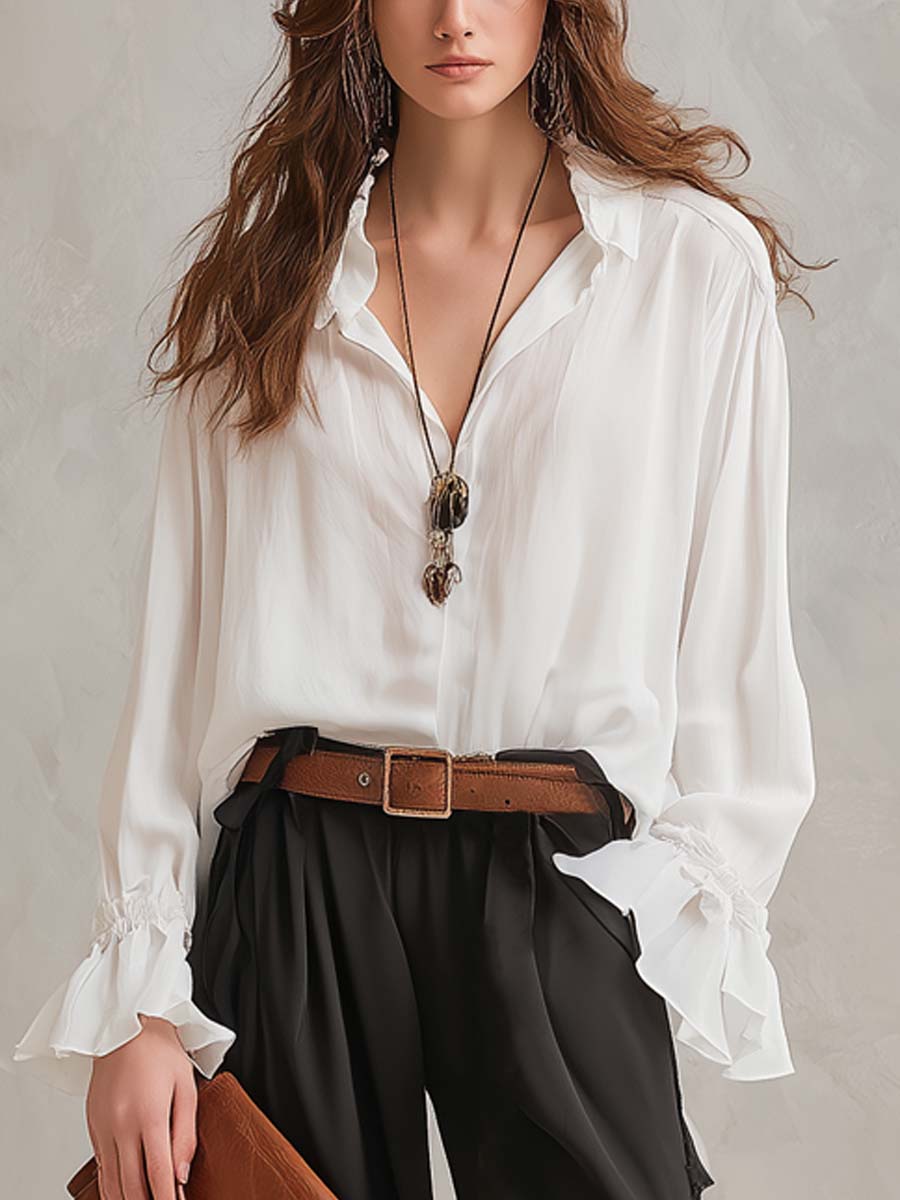 Retro Ruffled Chiffon Shirt And Pants Two-piece Set