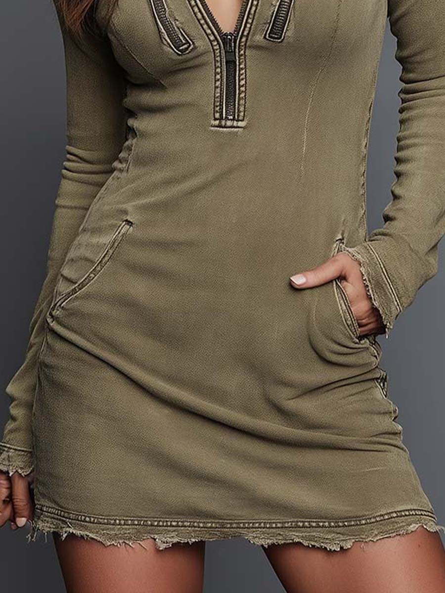 Vintage Washed Denim Zip-Up Mini Dress