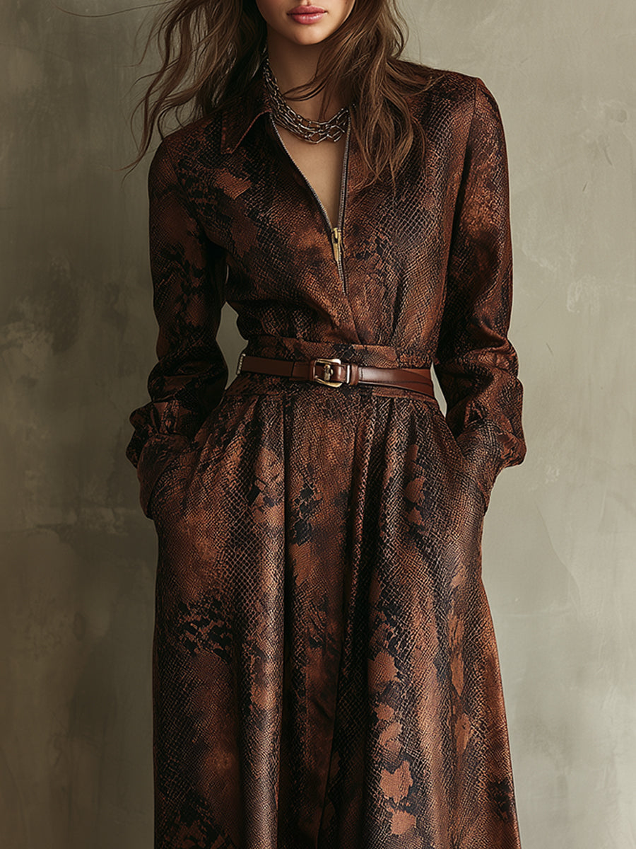 Retro Snake Print Front Zipper Polyester Suede Midi Dress With Belt