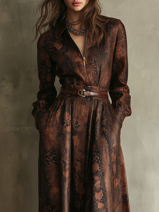 Retro Snake Print Front Zipper Polyester Suede Midi Dress With Belt