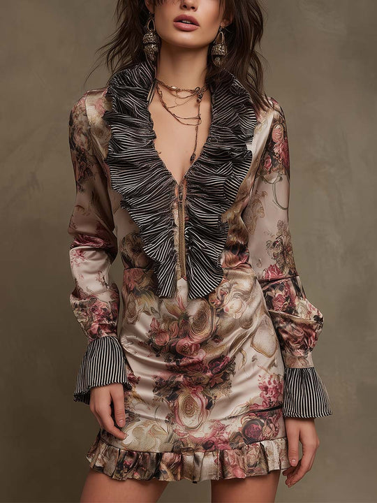 Floral Ruffle Zip-Front Satin Mini Dress