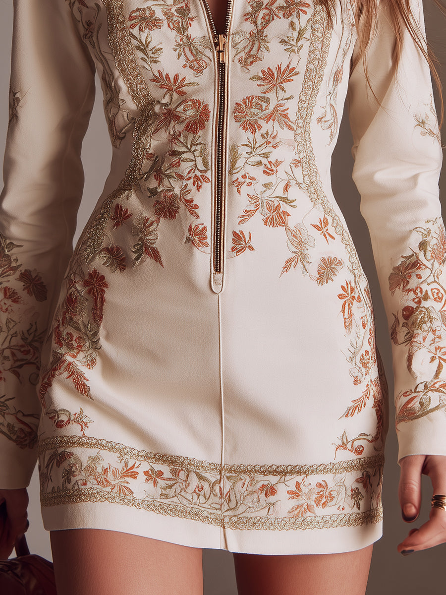 Retro Printed Webbing Embellished Half-zip Mini Dress