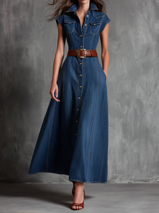 Retro Cap-Sleeve Button-Front Denim Shirt Maxi Dress