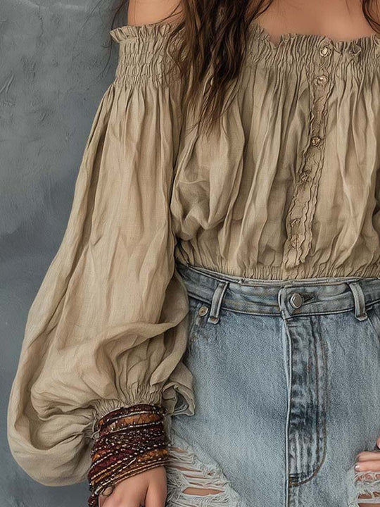 Bohemian Linen-Cotton Off-Shoulder Blouse