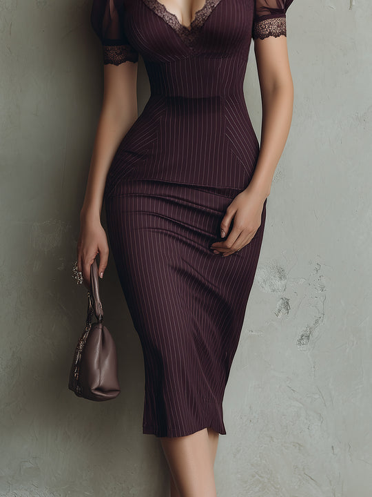 Elegant Striped Bodycon Midi Dress With Lace Trim