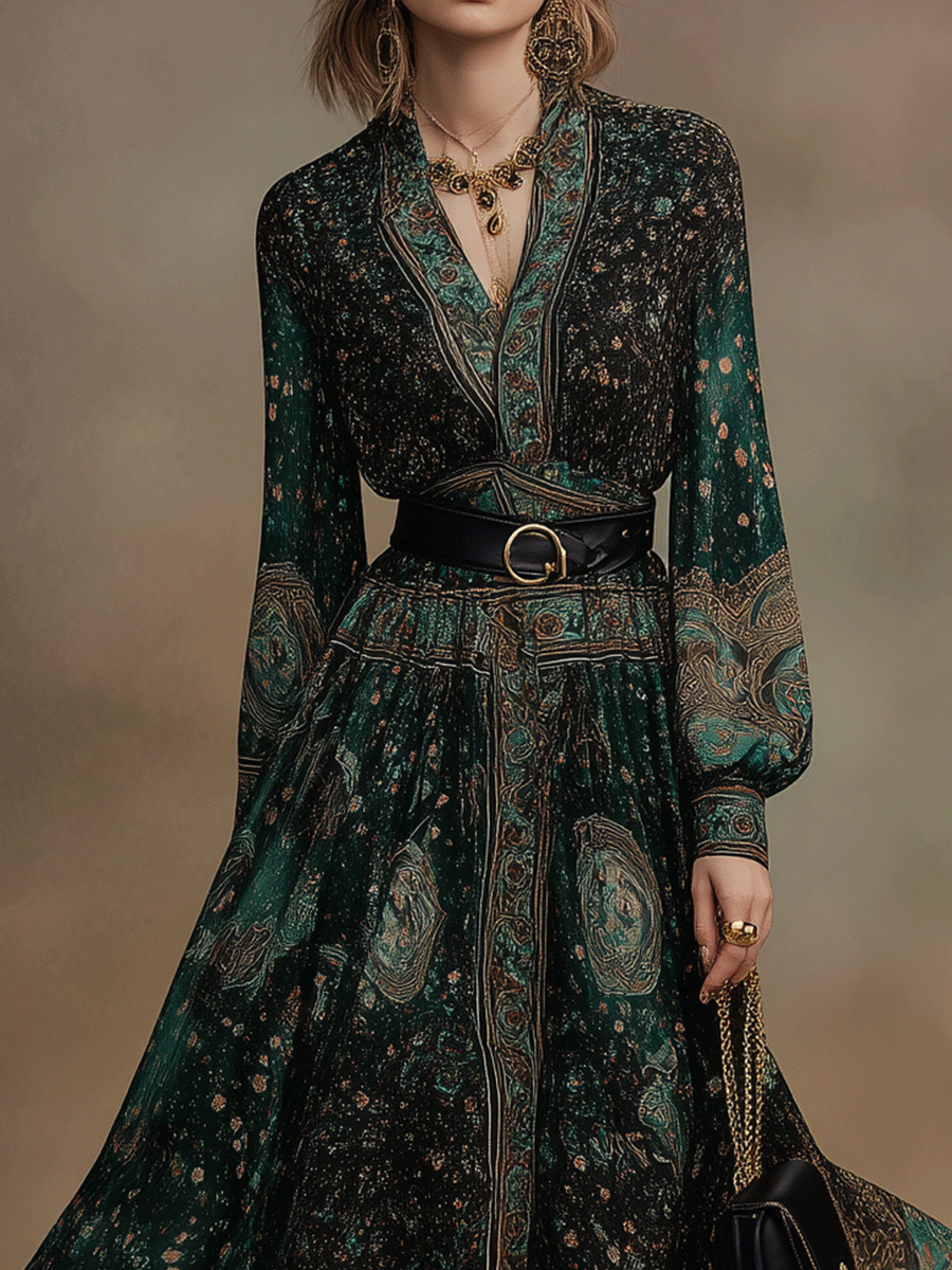 Vintage Bohemian Emerald Boho Paisley Maxi Dress