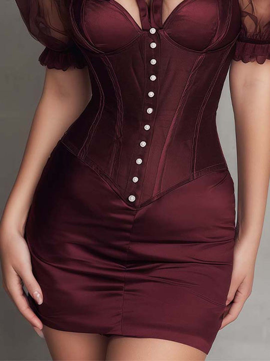 Elegant Burgundy Satin Corset Mini Dress