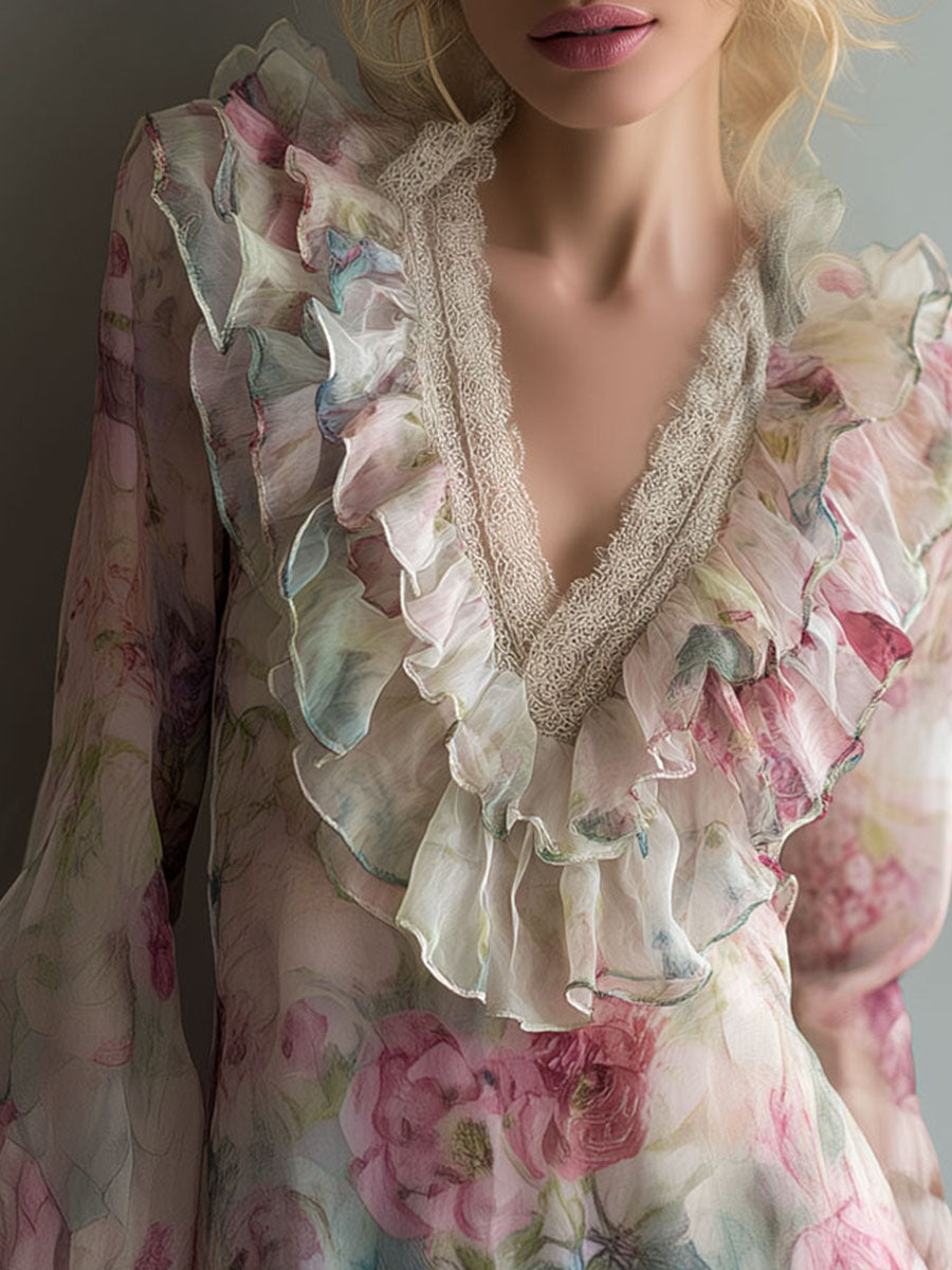 Romantic Floral Sheer Chiffon Ruffle Blouse With Lace Neckline