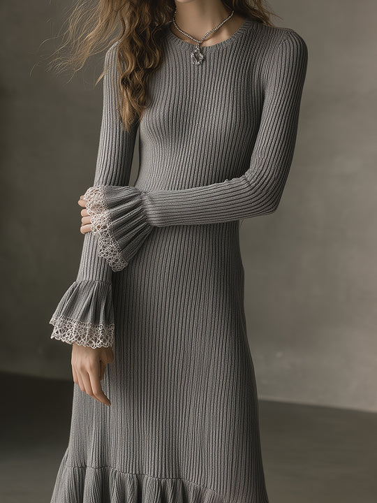 Retro Round Neck Knitted Lace Ruffle Patchwork Midi Dress