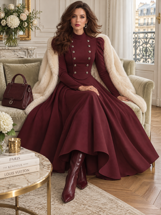 Retro Burgundy Stand Collar Puff Sleeve Maxi Dress with Double-Breasted Button
