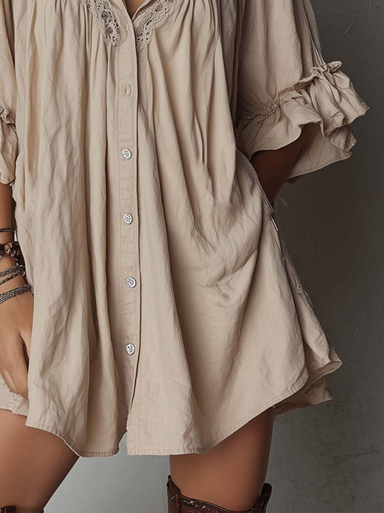 Retro Ruffle Cuffs Cotton Linen Mini Dress