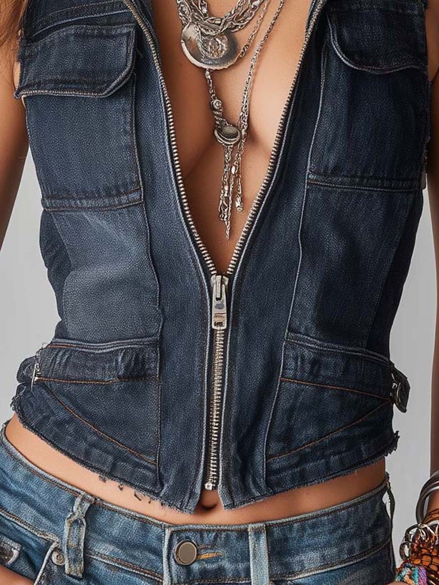 Retro Denim Zip-Front Vest With Pocket Details