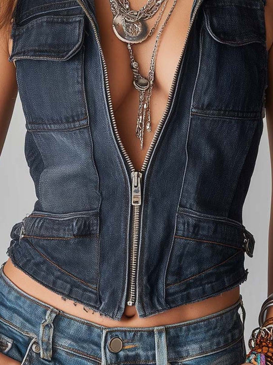 Retro Denim Zip-Front Vest With Pocket Details