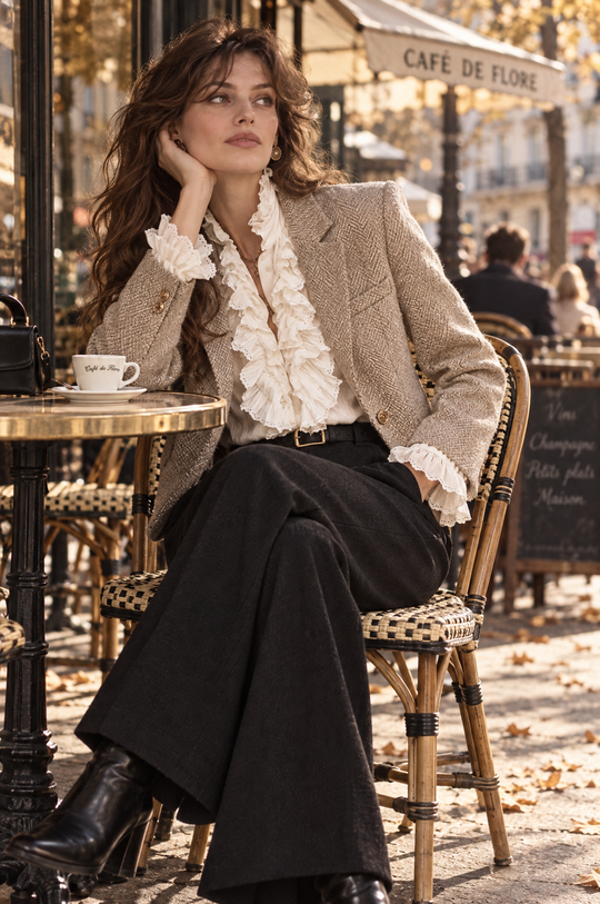 Retro Ruffled Eyelet Lace Front Long Sleeve Blouse