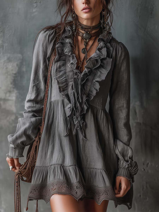 Ruffled V-Neck Cotton-Linen Mini Dress