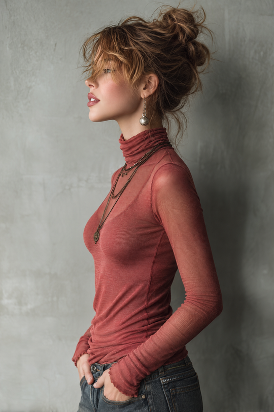 Retro Raspberry Color High-neck Sheer Knit Fitted Pullover