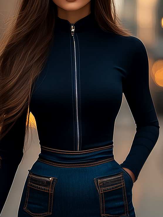 Chic Zipper Denim Patchwork Bodycon Dress