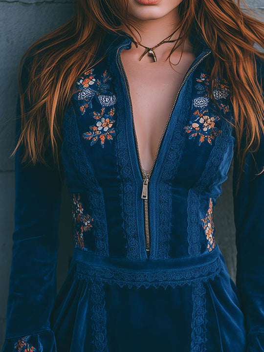 Boho Blue Velvet Zipper Front Lace Trim Embroidered Mini Dress