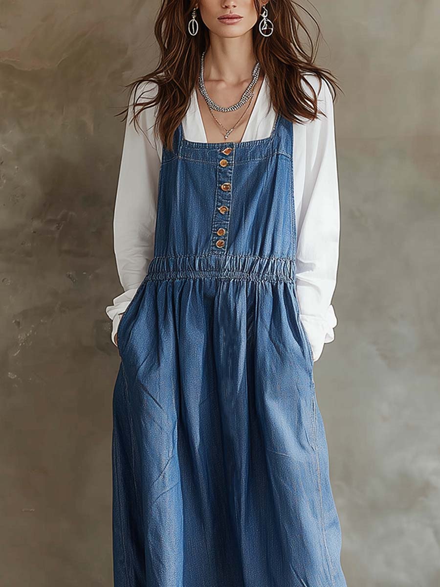 Retro-style Elastic Waist Denim Maxi Dress