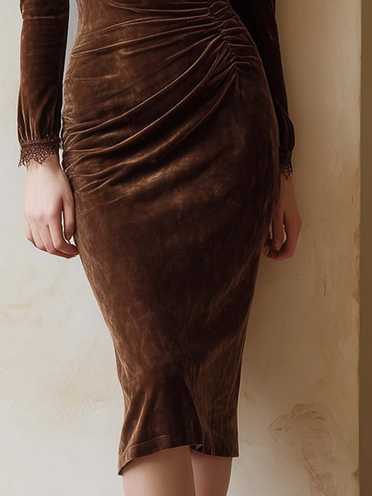 Vintage Lace Trim Pleated Waist Polyester Velvet Midi Dress