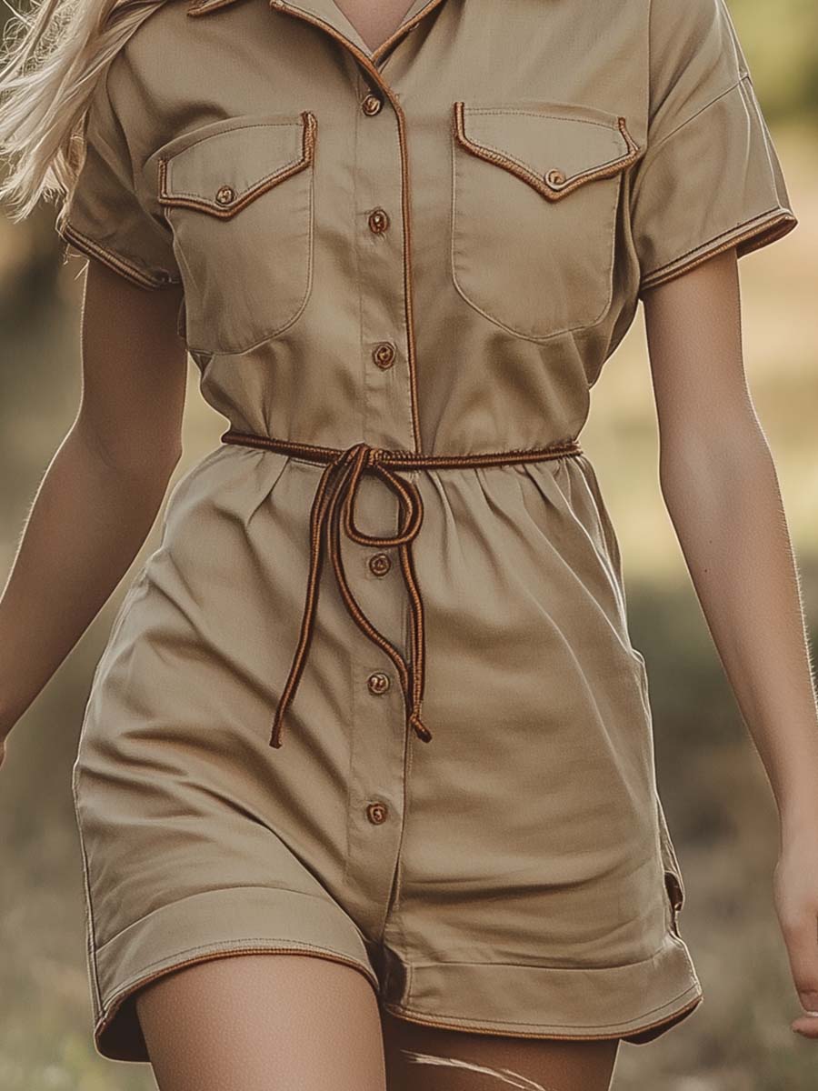 Khaki Safari-Inspired Button Jumpsuit