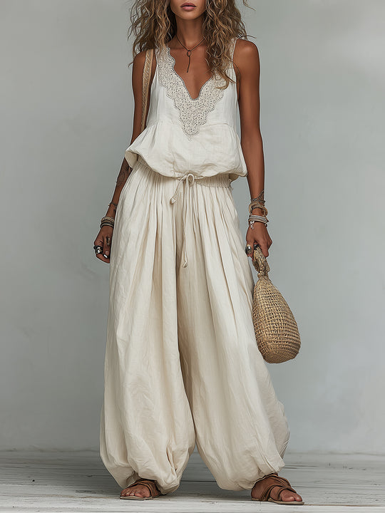 Boho Embroidered Vest & Balloon Pants Set