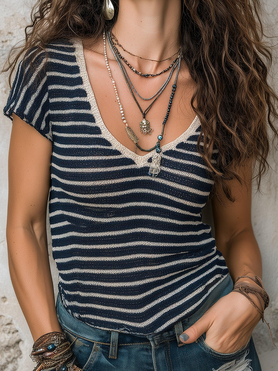 Bohemian Striped Knitted Short-sleeved Sweater