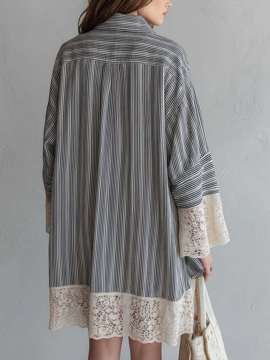 Bohemian Casual Striped Button Shirt Dress With Lace Trim