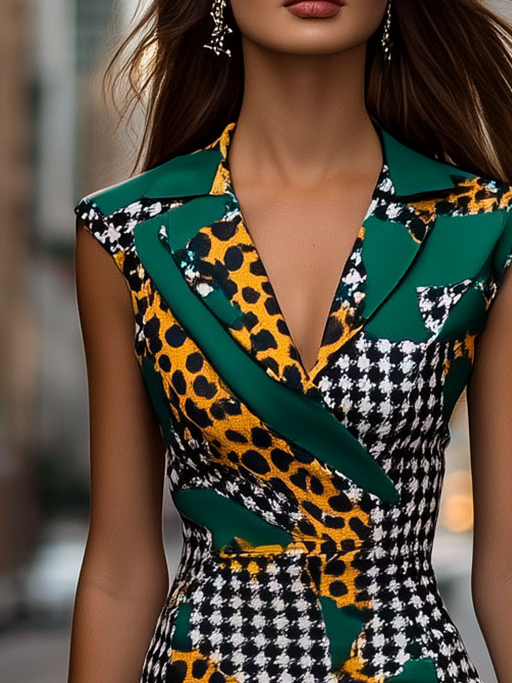 Chic Lapel Leopard Patchwork Chiffon Bodycon Dress