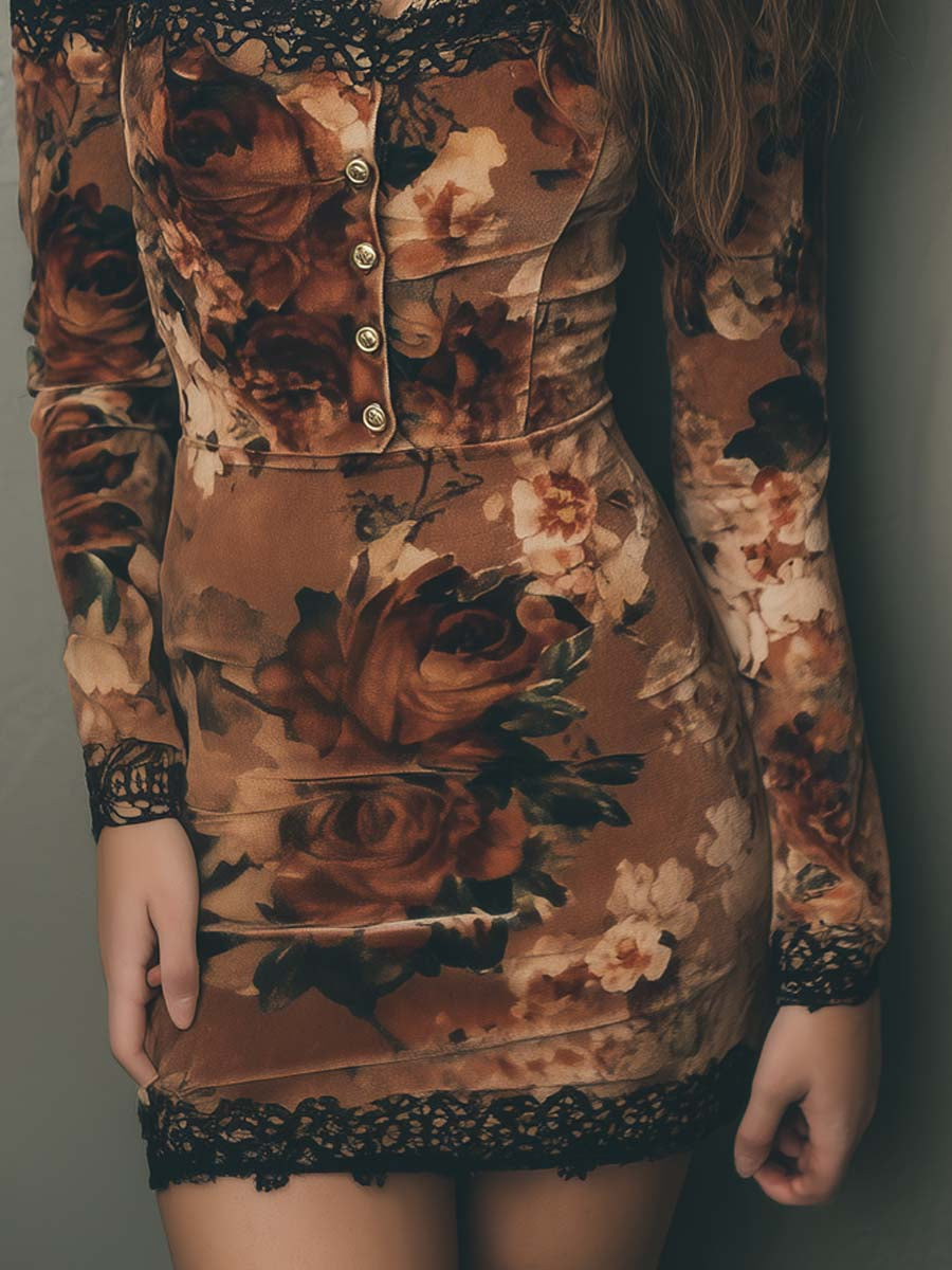 Retro Off-the-shoulder Lace Trim Polyester Velvet Mini Dress