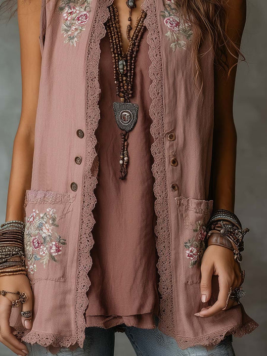 Retro Embroidered Cotton Linen Mid-Length Vest