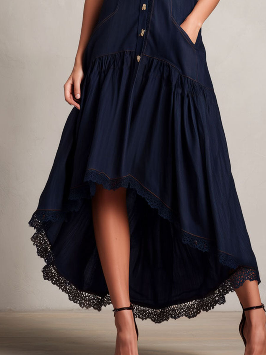 Indigo High-Low Buttons Fit-and-Flare Midi Dress With Lace Trim